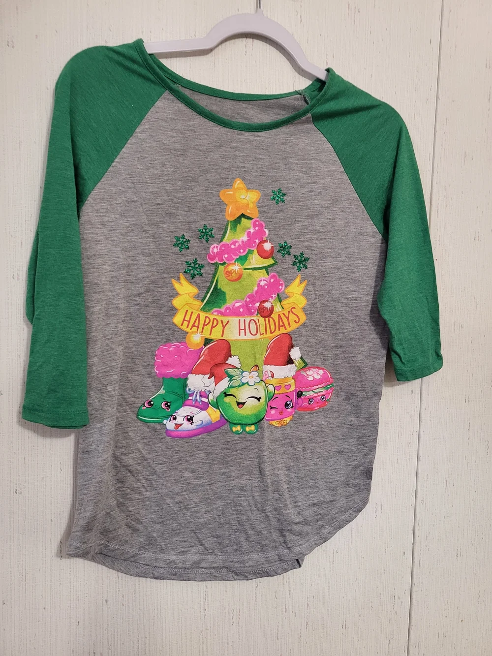 Shopkins Raglan Sleeve Christmas T-Shirt Girls Sz XL(14-16) Gray/ Green